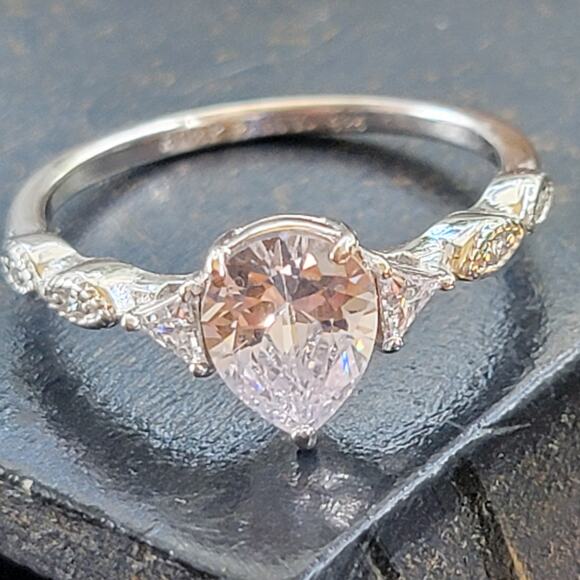 Rhodium Plated Simulated Morganite Ring - Size 10 - Teardrop Radiance - Picture 1 of 14